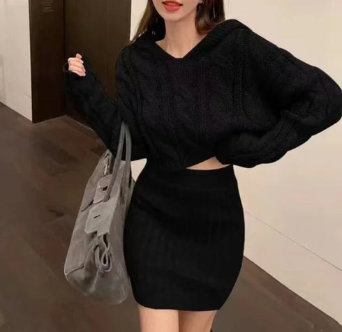 Retro Style Hooded Twist Knitted Sweater With Skirts Sets